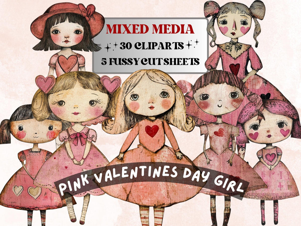 Pink Valentines Day Doll Mixed Media Clipart, Valentine Girl Fussy Cut Collage Sheet, Quirky Cut Out Ephemera, PNG + JPG for Scrapbooking