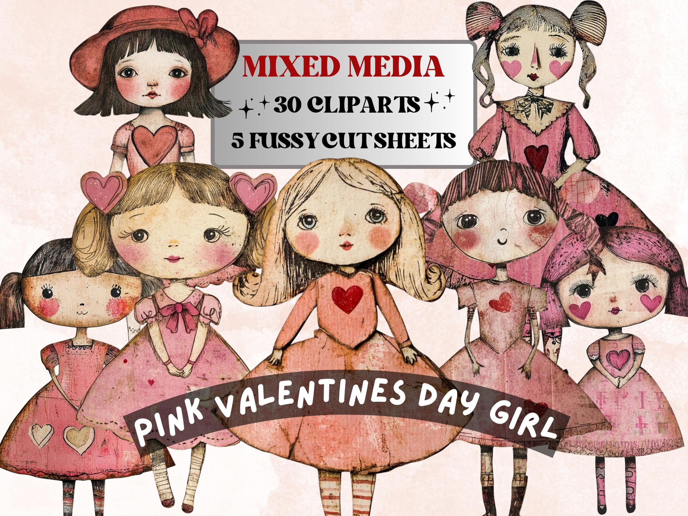 Pink Valentines Day Doll Mixed Media Clipart, Valentine Girl Fussy Cut Collage Sheet, Quirky Cut Out Ephemera, PNG + JPG for Scrapbooking