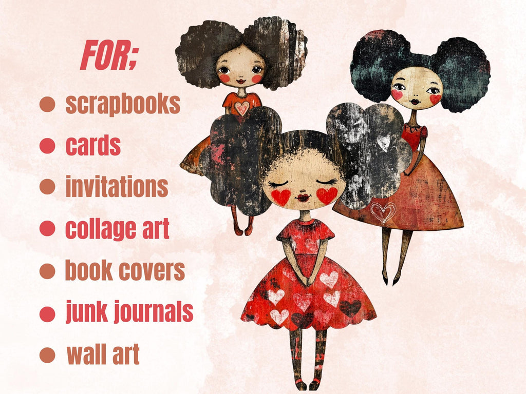 Afro Valentines Day Paper Doll Mixed Media, Valentine Black Girl Fussy Cut Collage Sheet, Love Cut Out Ephemera, PNG + JPG for Scrapbooking
