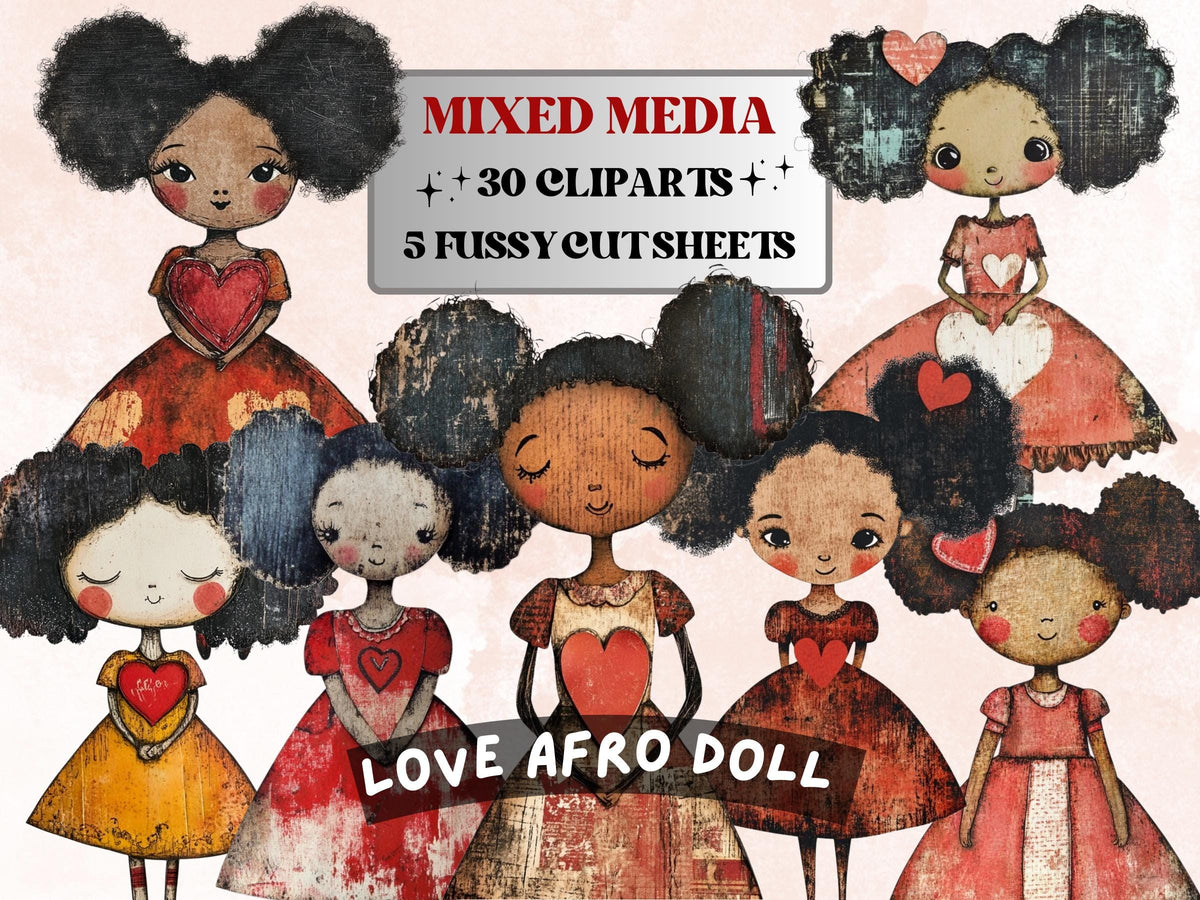 Afro Valentines Day Paper Doll Mixed Media, Valentine Black Girl Fussy Cut Collage Sheet, Love Cut Out Ephemera, PNG + JPG for Scrapbooking
