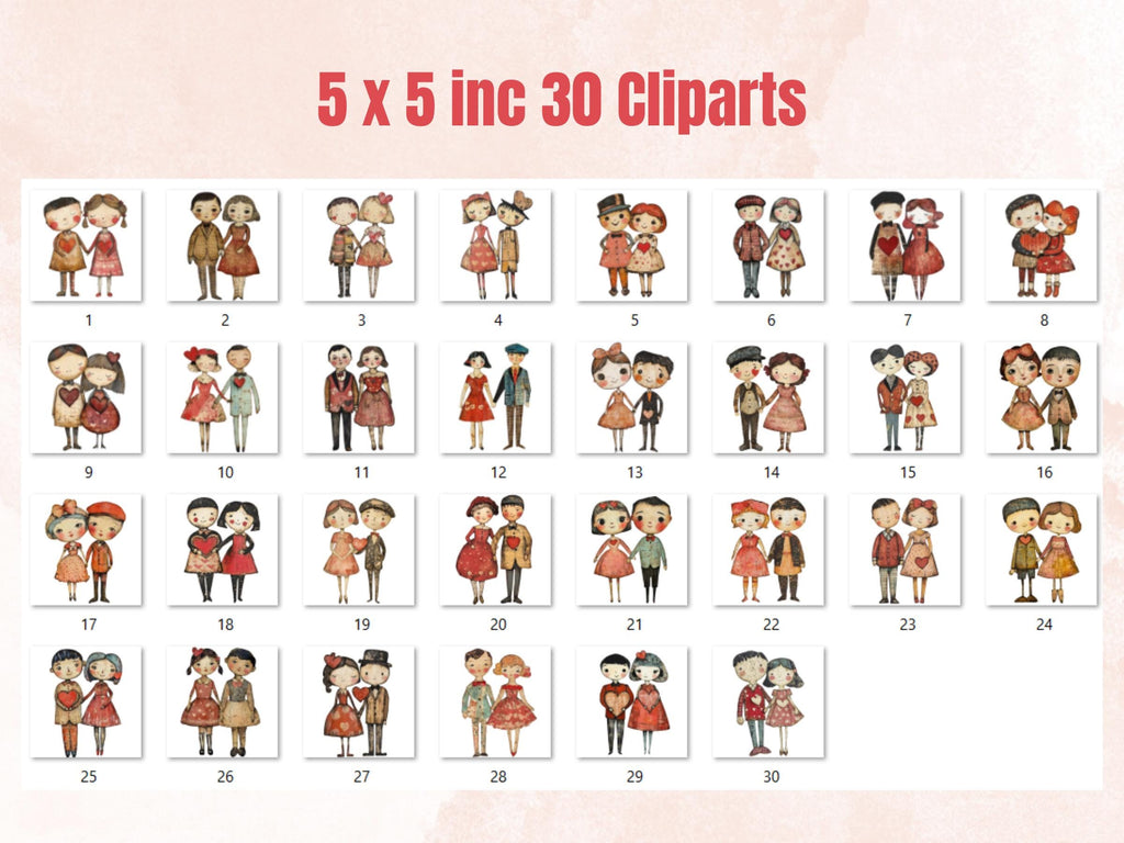 Valentines Day Couple Doll Mixed Media Clipart, Valentine Girl Boy Fussy Cut Collage Sheet, Love Cut Out Ephemera, PNG + JPG Scrapbooking
