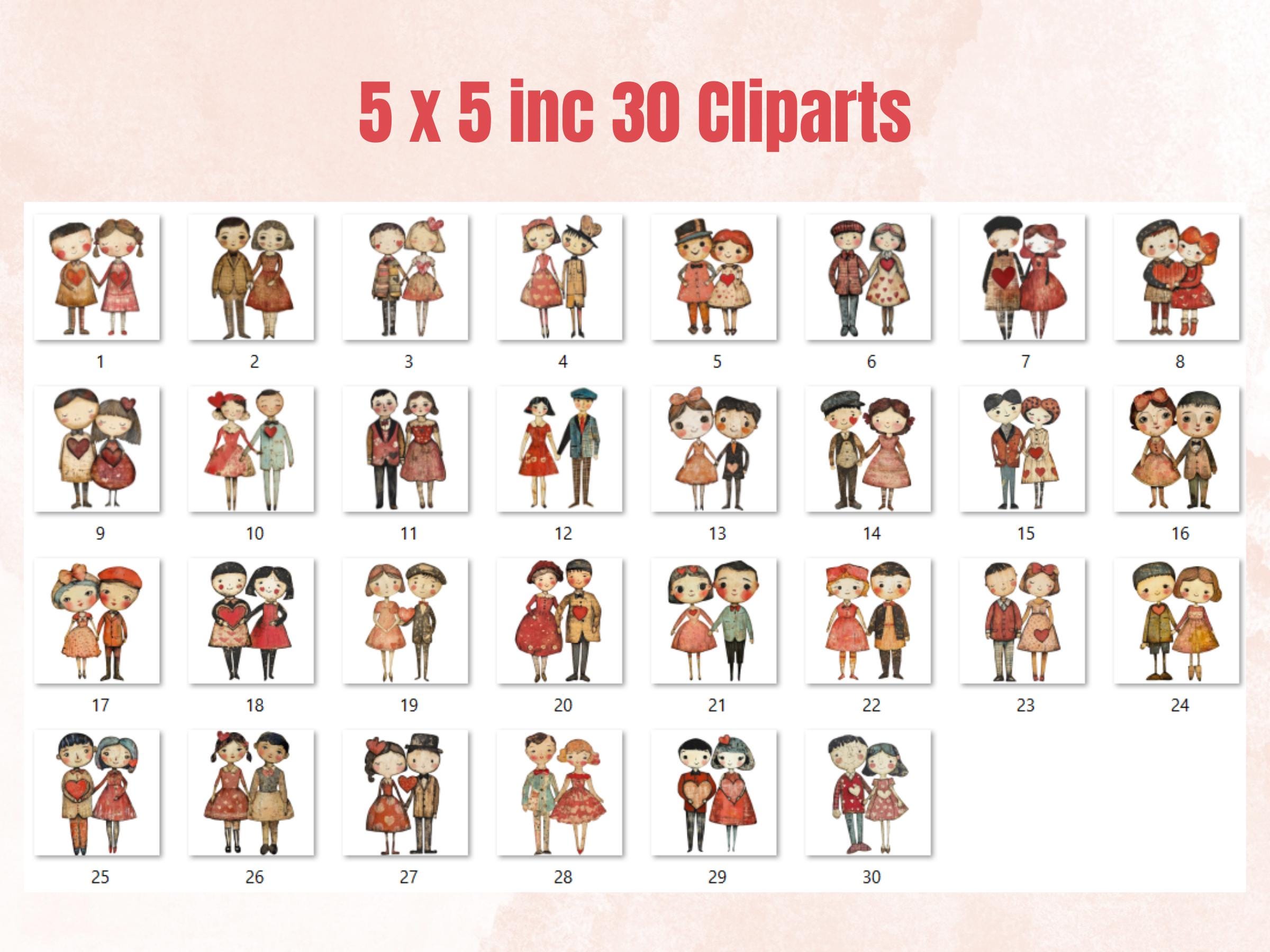 Valentines Day Couple Doll Mixed Media Clipart, Valentine Girl Boy Fussy Cut Collage Sheet, Love Cut Out Ephemera, PNG + JPG Scrapbooking
