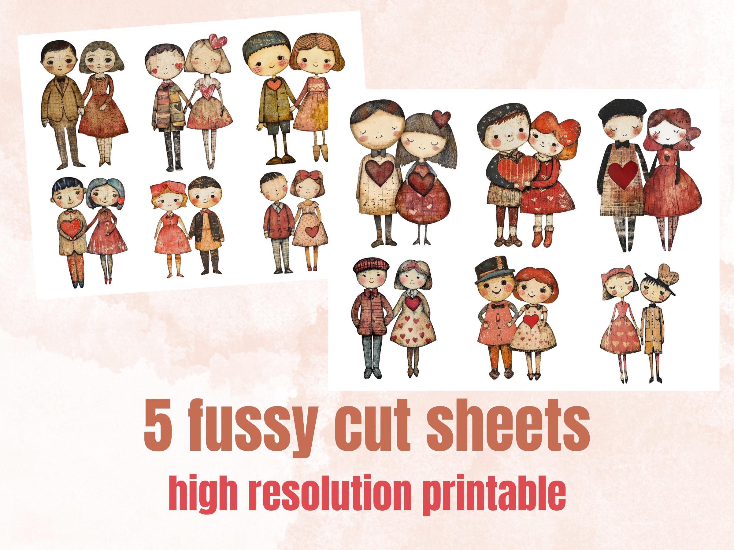 Valentines Day Couple Doll Mixed Media Clipart, Valentine Girl Boy Fussy Cut Collage Sheet, Love Cut Out Ephemera, PNG + JPG Scrapbooking