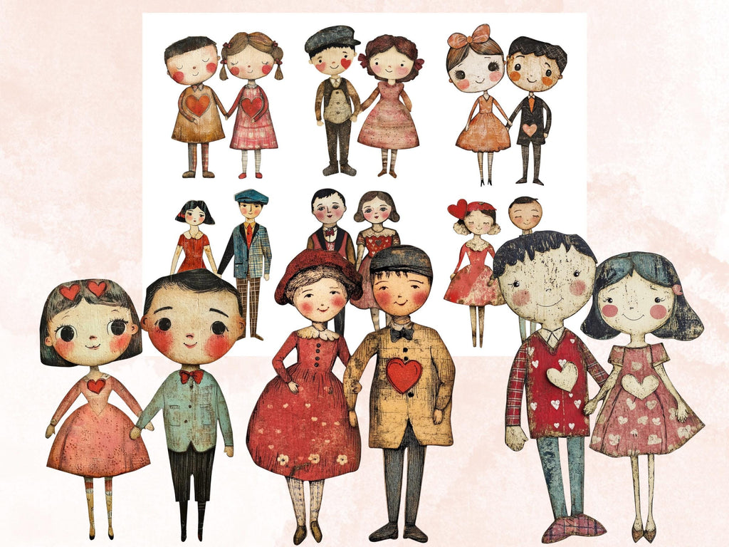 Valentines Day Couple Doll Mixed Media Clipart, Valentine Girl Boy Fussy Cut Collage Sheet, Love Cut Out Ephemera, PNG + JPG Scrapbooking