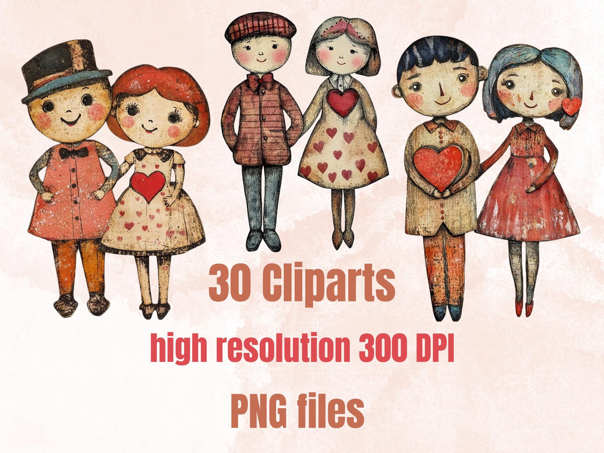 Valentines Day Couple Doll Mixed Media Clipart, Valentine Girl Boy Fussy Cut Collage Sheet, Love Cut Out Ephemera, PNG + JPG Scrapbooking