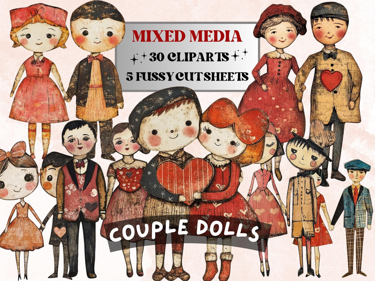 Valentines Day Couple Doll Mixed Media Clipart, Valentine Girl Boy Fussy Cut Collage Sheet, Love Cut Out Ephemera, PNG + JPG Scrapbooking