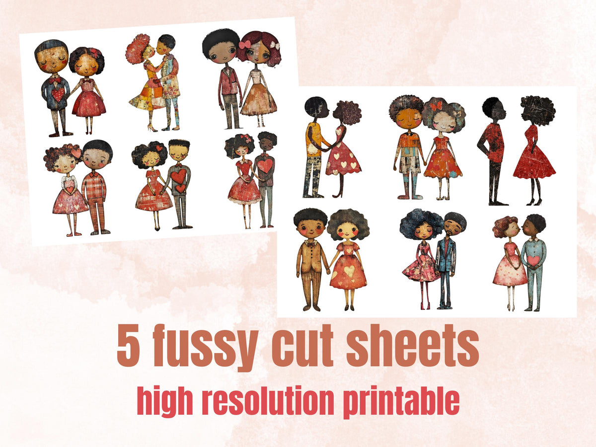 Valentines Day Afro Couple Doll Mixed Media Clipart, Valentine Black People Fussy Cut Sheet, Cut Out Ephemera, PNG + JPG Scrapbooking