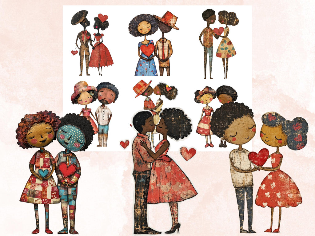 Valentines Day Afro Couple Doll Mixed Media Clipart, Valentine Black People Fussy Cut Sheet, Cut Out Ephemera, PNG + JPG Scrapbooking