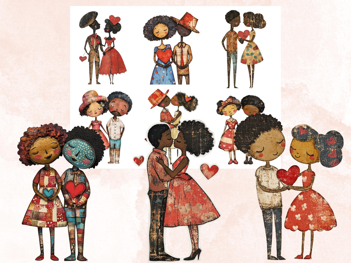 Valentines Day Afro Couple Doll Mixed Media Clipart, Valentine Black People Fussy Cut Sheet, Cut Out Ephemera, PNG + JPG Scrapbooking