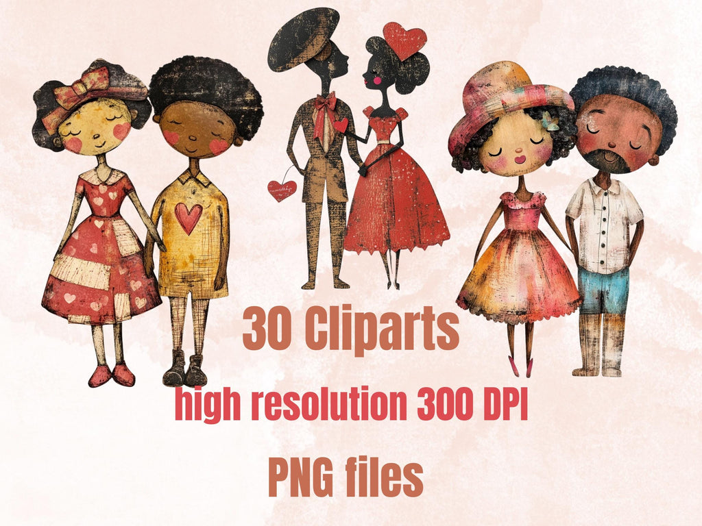 Valentines Day Afro Couple Doll Mixed Media Clipart, Valentine Black People Fussy Cut Sheet, Cut Out Ephemera, PNG + JPG Scrapbooking
