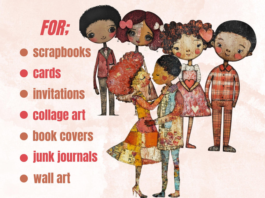 Valentines Day Afro Couple Doll Mixed Media Clipart, Valentine Black People Fussy Cut Sheet, Cut Out Ephemera, PNG + JPG Scrapbooking