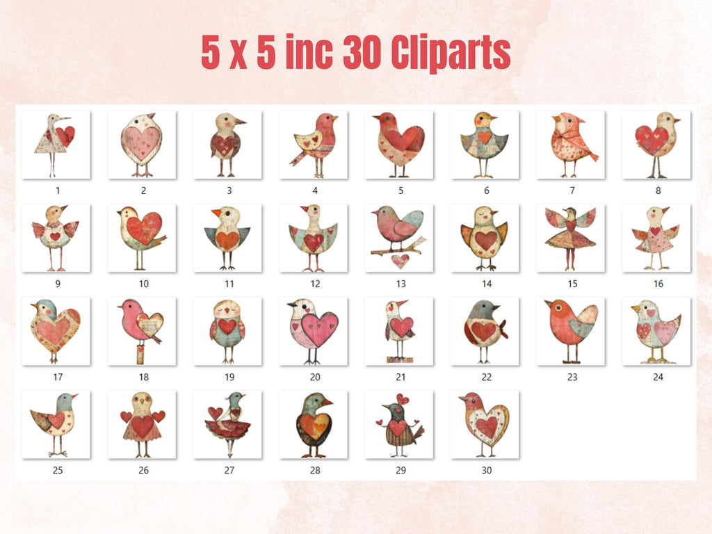 Valentines Day Bird Doll Mixed Media Clipart, Valentine Birds Fussy Cut Collage Sheet, Quirky Cut Out Ephemera, PNG + JPG for Scrapbooking