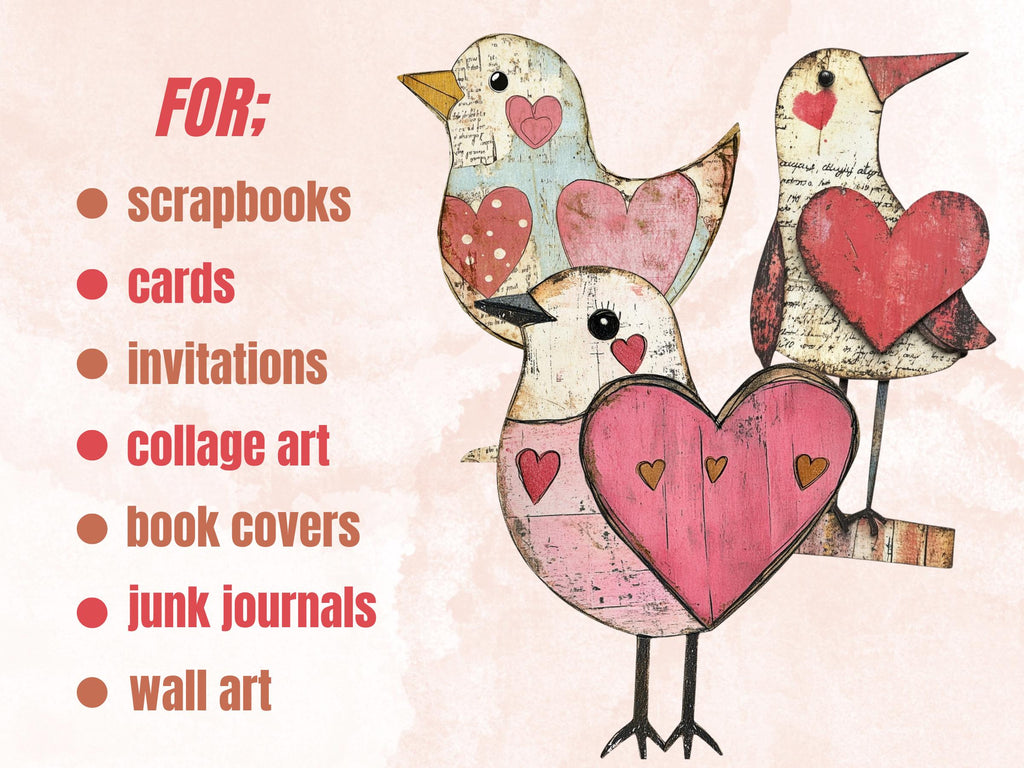 Valentines Day Bird Doll Mixed Media Clipart, Valentine Birds Fussy Cut Collage Sheet, Quirky Cut Out Ephemera, PNG + JPG for Scrapbooking