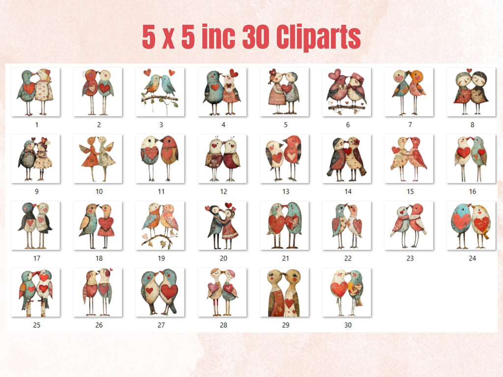 Valentines Day Bird Couple Mixed Media Clipart, Valentine Birds Fussy Cut Collage Sheet, Quirky Cut Out Ephemera, PNG + JPG for Scrapbooking
