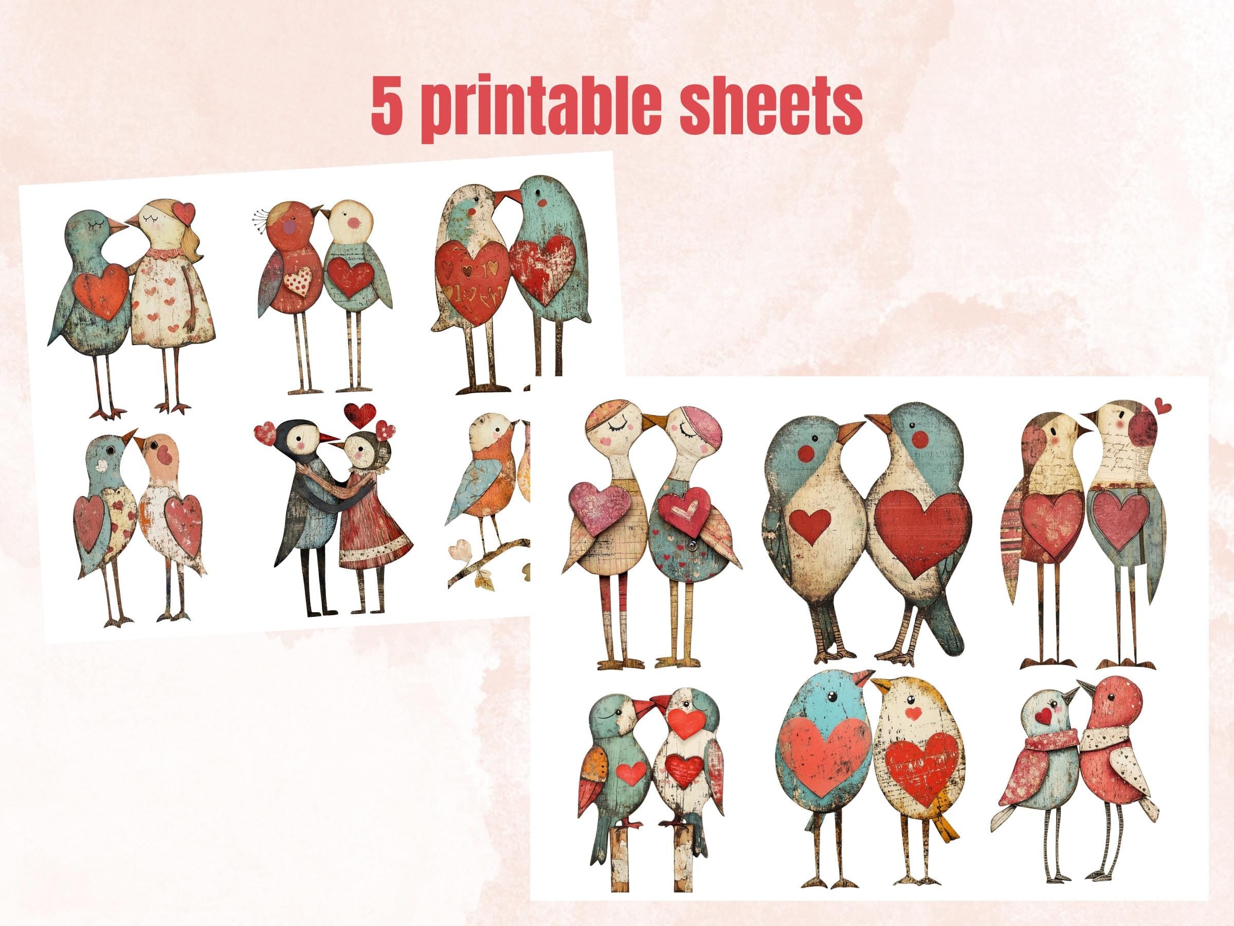Valentines Day Bird Couple Mixed Media Clipart, Valentine Birds Fussy Cut Collage Sheet, Quirky Cut Out Ephemera, PNG + JPG for Scrapbooking