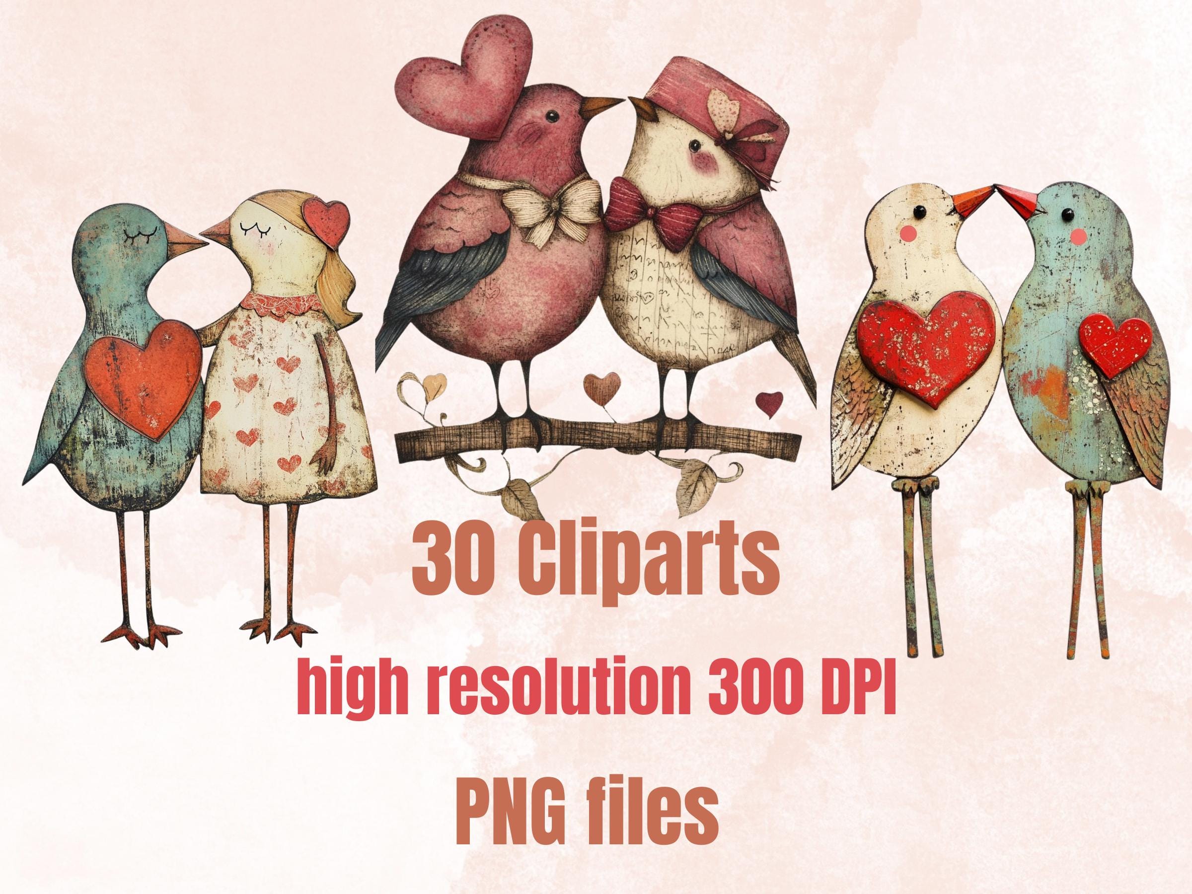 Valentines Day Bird Couple Mixed Media Clipart, Valentine Birds Fussy Cut Collage Sheet, Quirky Cut Out Ephemera, PNG + JPG for Scrapbooking