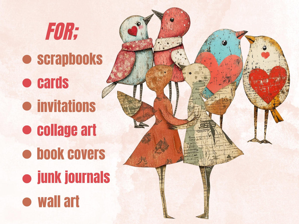 Valentines Day Bird Couple Mixed Media Clipart, Valentine Birds Fussy Cut Collage Sheet, Quirky Cut Out Ephemera, PNG + JPG for Scrapbooking