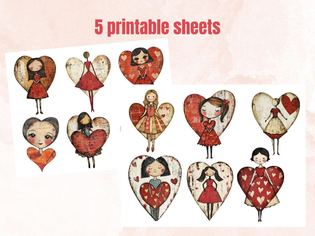 Heart Paper Doll Mixed Media Clipart, Valentines Day Girl Fussy Cut Collage Sheet, Quirky Cut Out Ephemera, PNG + JPG for Scrapbooking