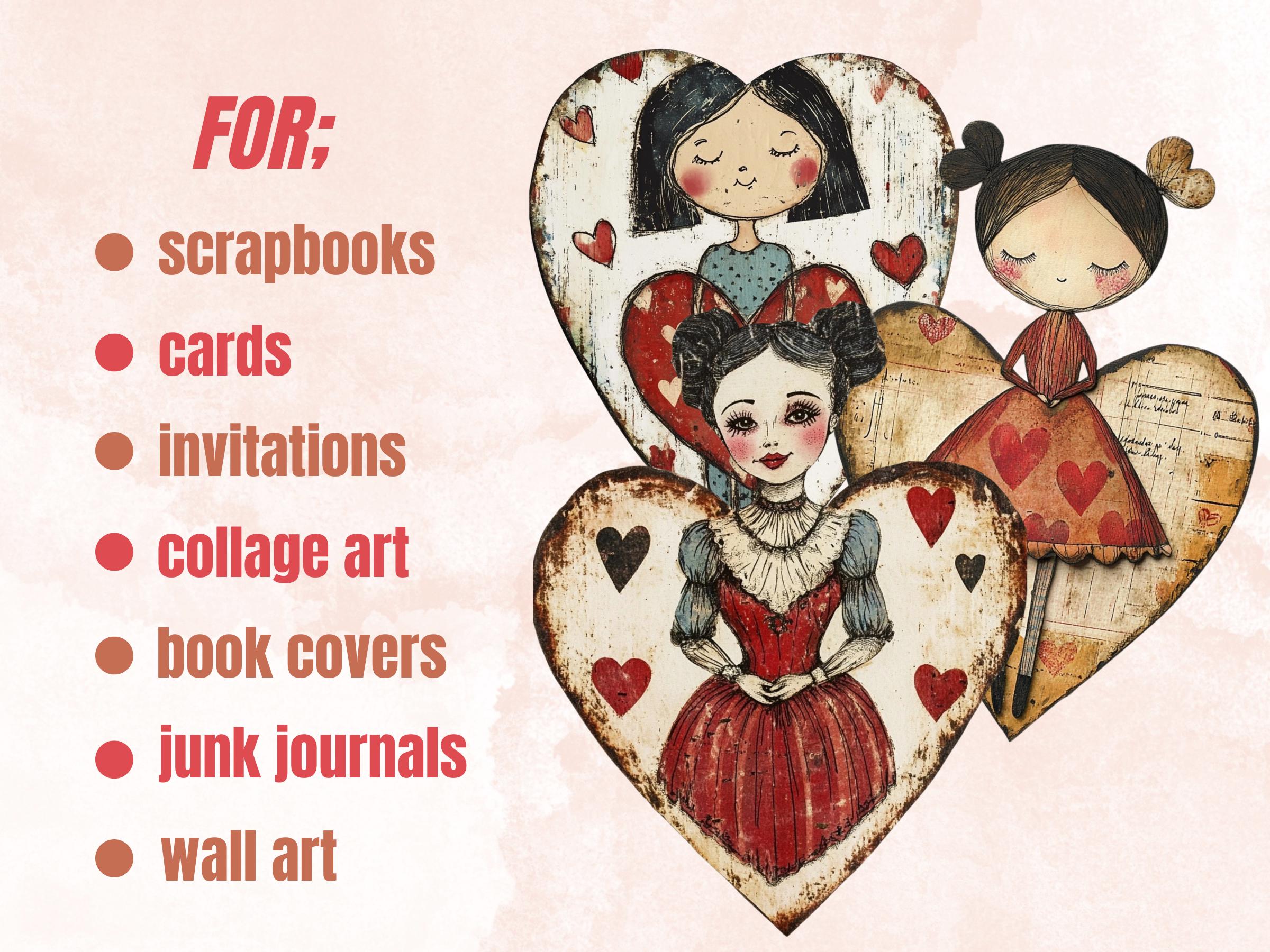 Heart Paper Doll Mixed Media Clipart, Valentines Day Girl Fussy Cut Collage Sheet, Quirky Cut Out Ephemera, PNG + JPG for Scrapbooking