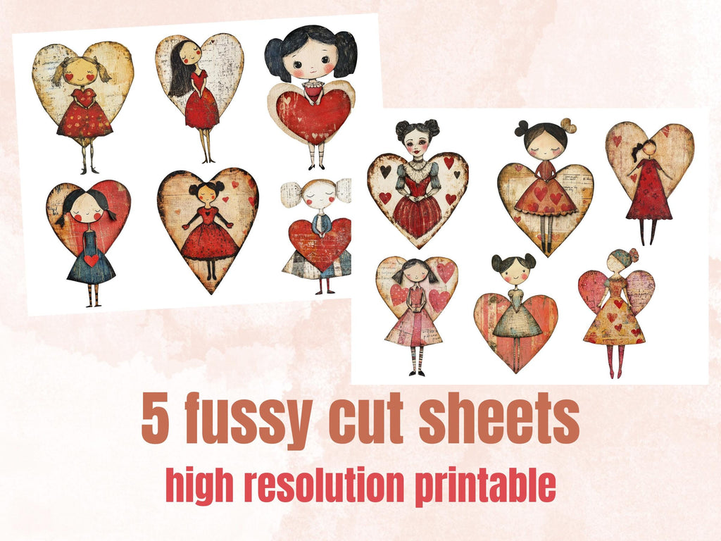 Heart Paper Doll Mixed Media Clipart, Valentines Day Girl Fussy Cut Collage Sheet, Quirky Cut Out Ephemera, PNG + JPG for Scrapbooking