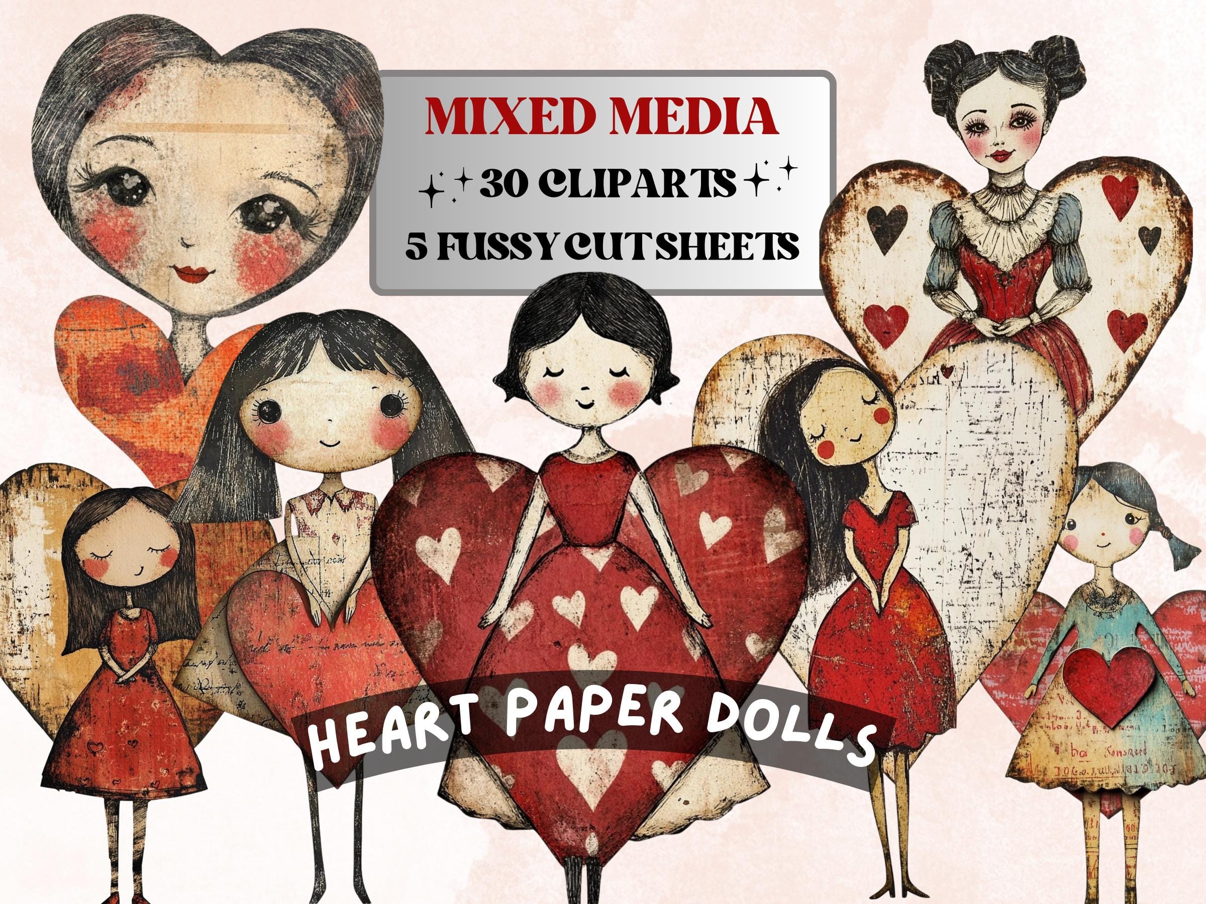 Heart Paper Doll Mixed Media Clipart, Valentines Day Girl Fussy Cut Collage Sheet, Quirky Cut Out Ephemera, PNG + JPG for Scrapbooking