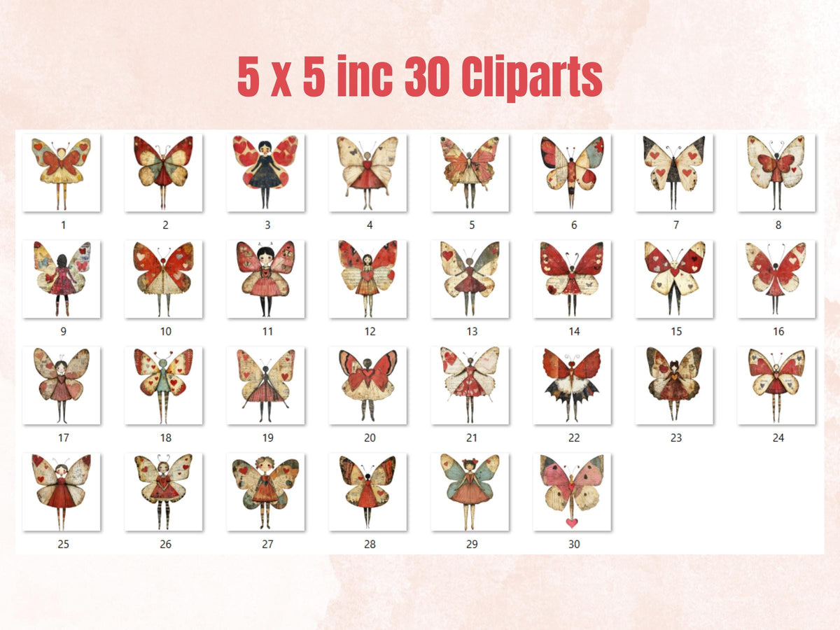 Butterfly Paper Doll Mixed Media Clipart, Valentines Day Girl Fussy Cut Collage Sheet, Quirky Cut Out Ephemera, PNG + JPG for Scrapbooking
