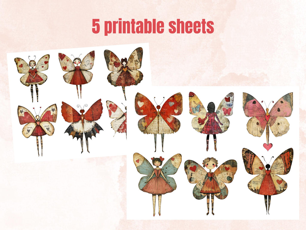 Butterfly Paper Doll Mixed Media Clipart, Valentines Day Girl Fussy Cut Collage Sheet, Quirky Cut Out Ephemera, PNG + JPG for Scrapbooking