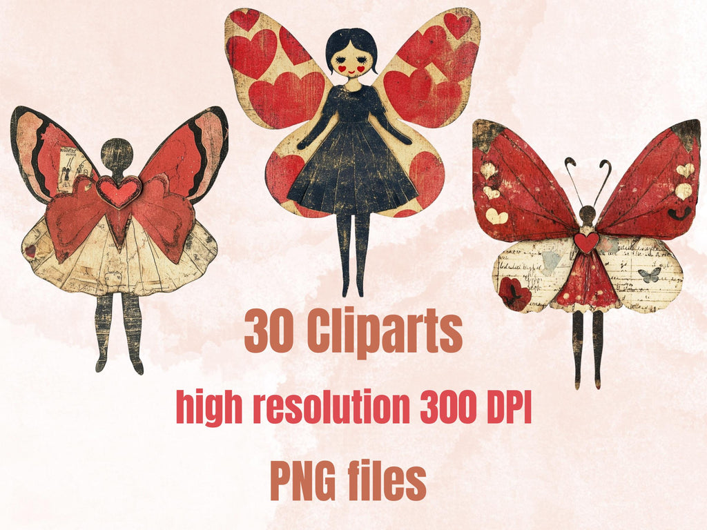 Butterfly Paper Doll Mixed Media Clipart, Valentines Day Girl Fussy Cut Collage Sheet, Quirky Cut Out Ephemera, PNG + JPG for Scrapbooking