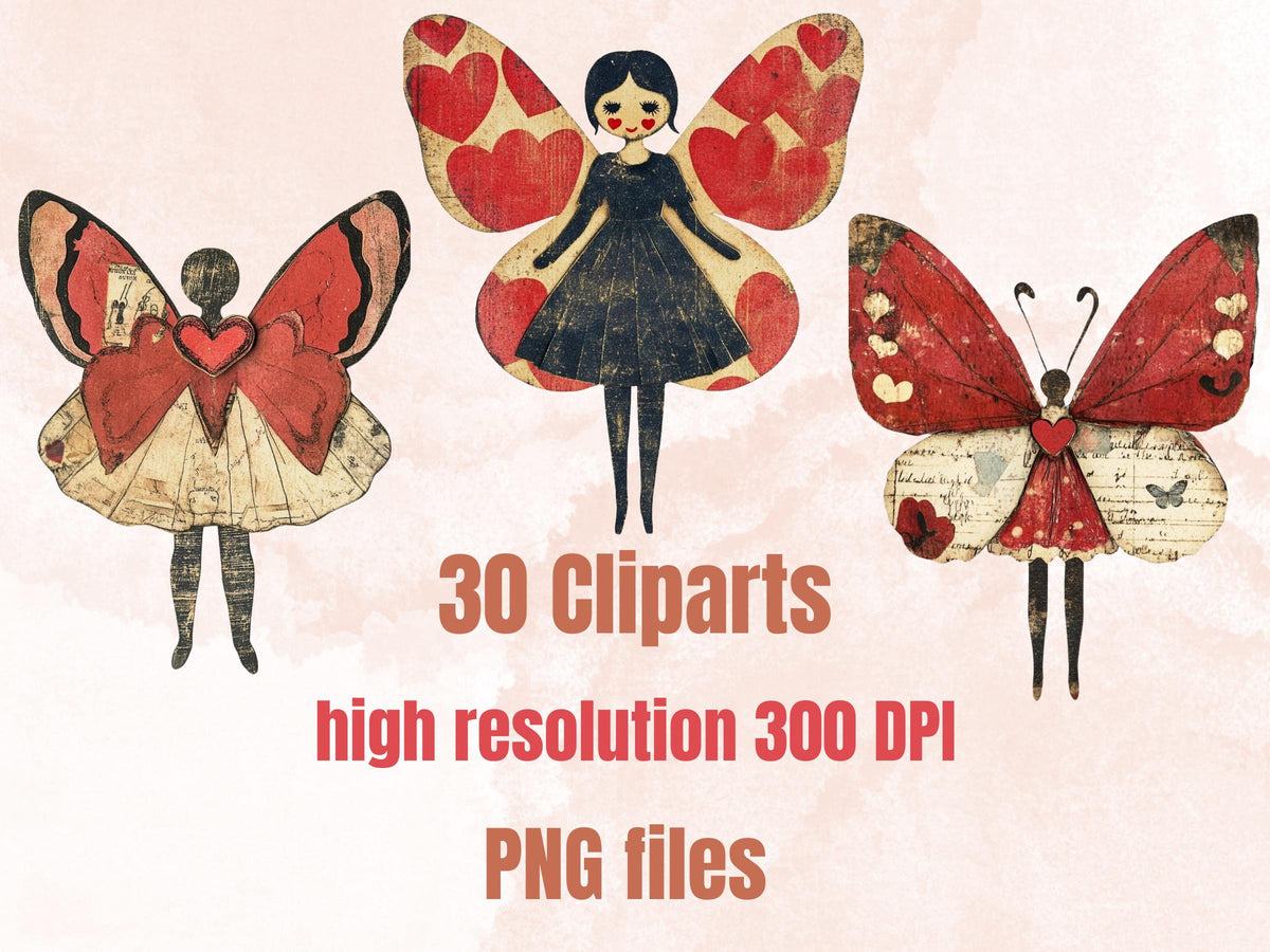 Butterfly Paper Doll Mixed Media Clipart, Valentines Day Girl Fussy Cut Collage Sheet, Quirky Cut Out Ephemera, PNG + JPG for Scrapbooking