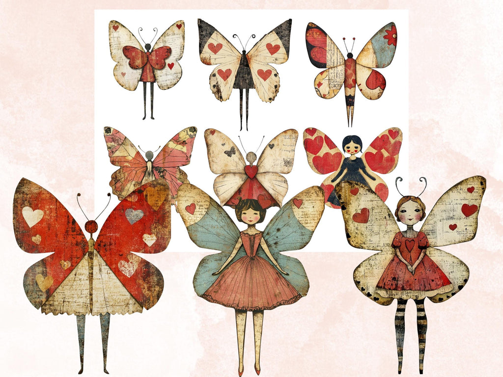 Butterfly Paper Doll Mixed Media Clipart, Valentines Day Girl Fussy Cut Collage Sheet, Quirky Cut Out Ephemera, PNG + JPG for Scrapbooking