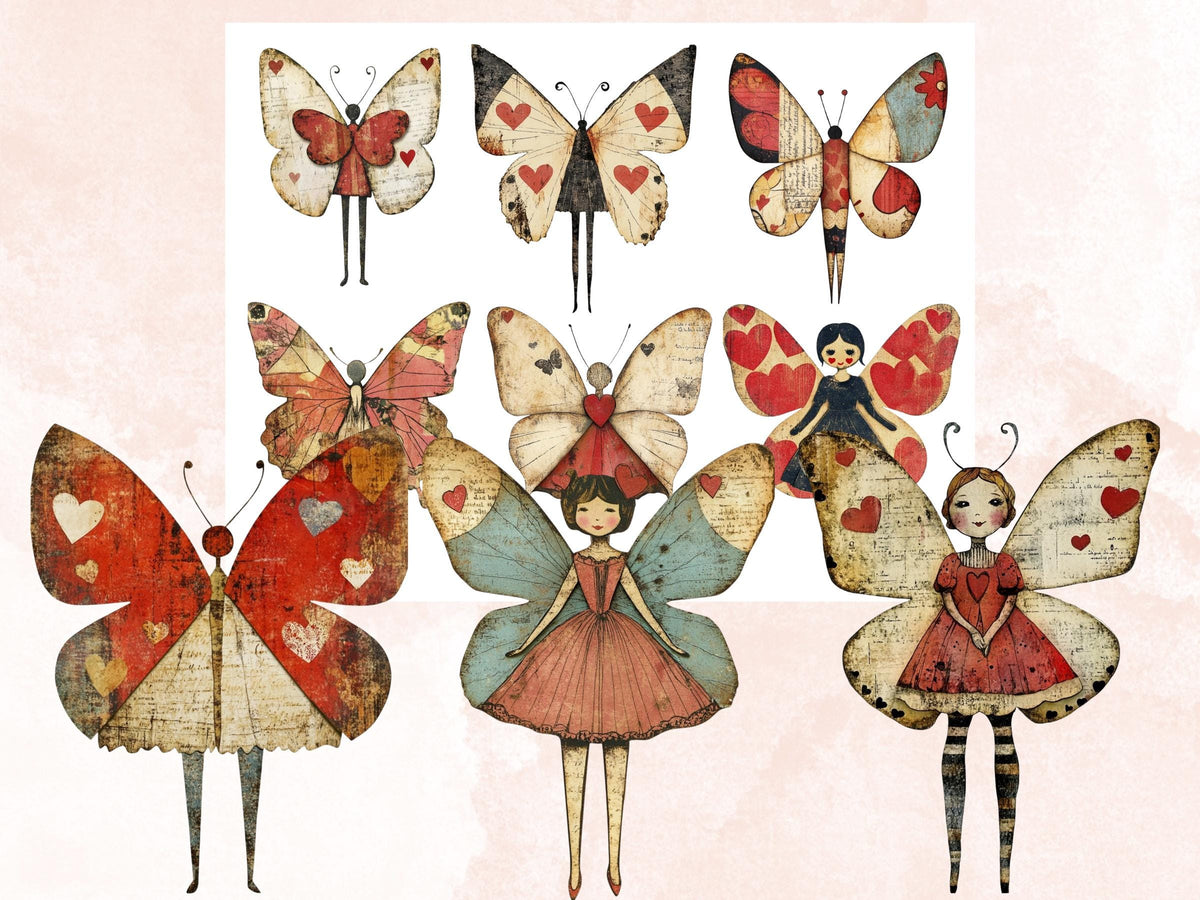 Butterfly Paper Doll Mixed Media Clipart, Valentines Day Girl Fussy Cut Collage Sheet, Quirky Cut Out Ephemera, PNG + JPG for Scrapbooking