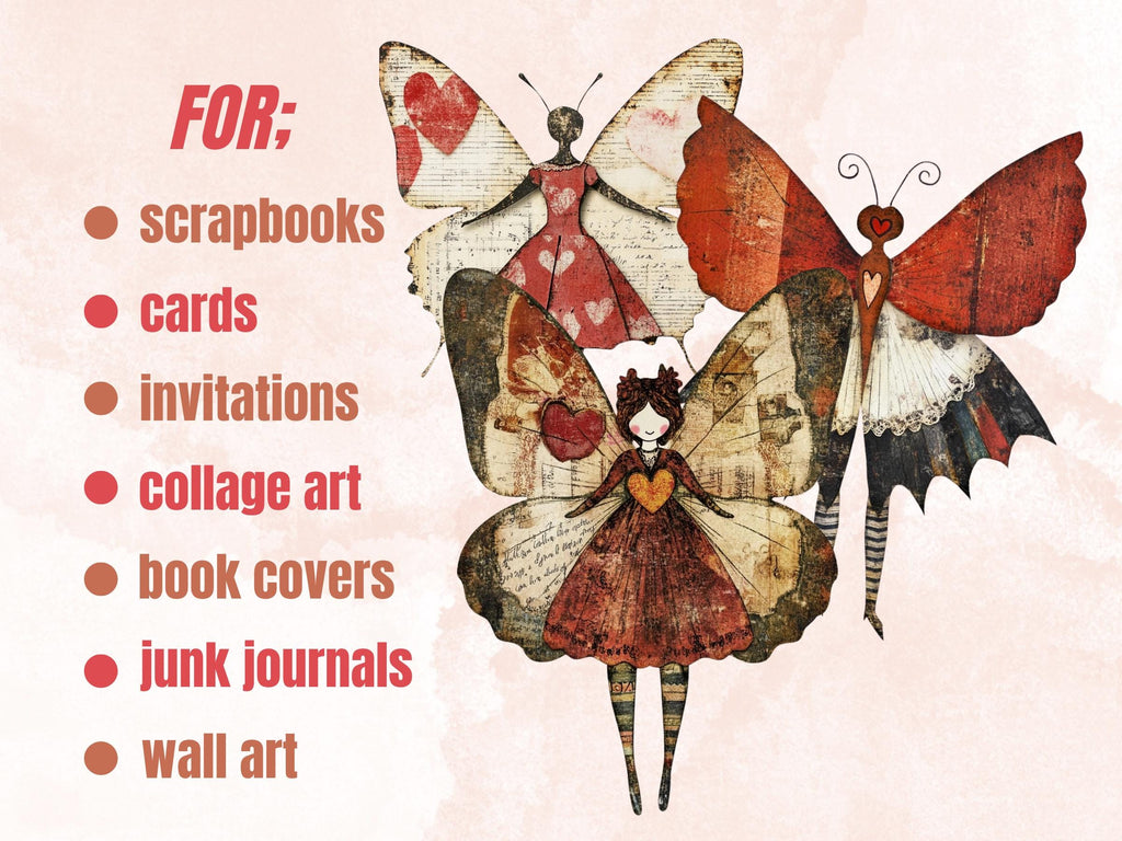 Butterfly Paper Doll Mixed Media Clipart, Valentines Day Girl Fussy Cut Collage Sheet, Quirky Cut Out Ephemera, PNG + JPG for Scrapbooking