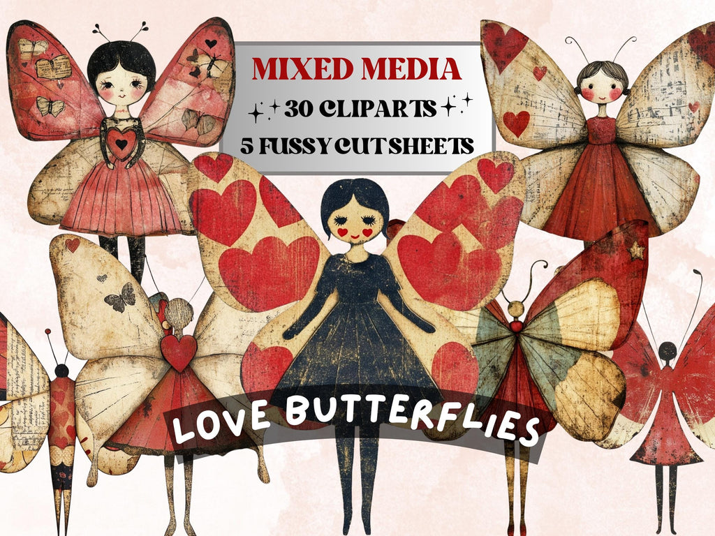 Butterfly Paper Doll Mixed Media Clipart, Valentines Day Girl Fussy Cut Collage Sheet, Quirky Cut Out Ephemera, PNG + JPG for Scrapbooking