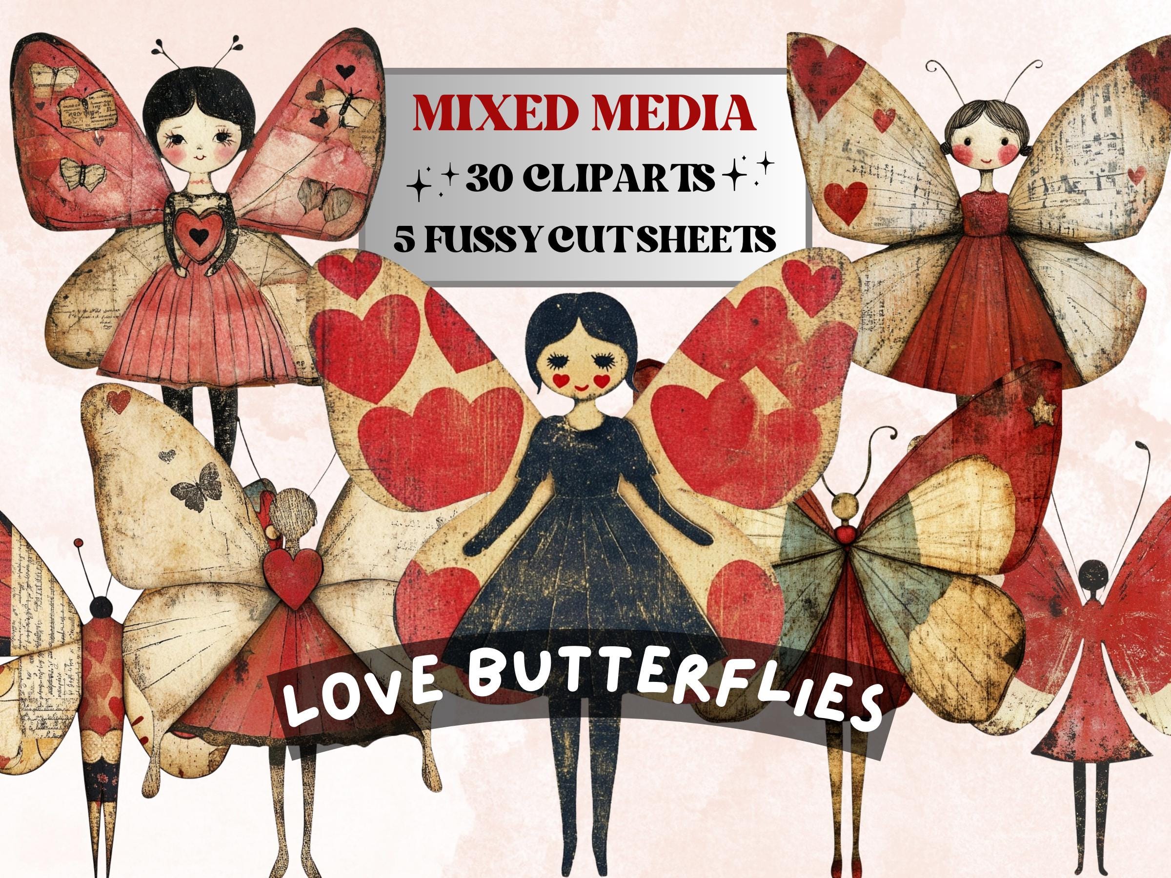 Butterfly Paper Doll Mixed Media Clipart, Valentines Day Girl Fussy Cut Collage Sheet, Quirky Cut Out Ephemera, PNG + JPG for Scrapbooking