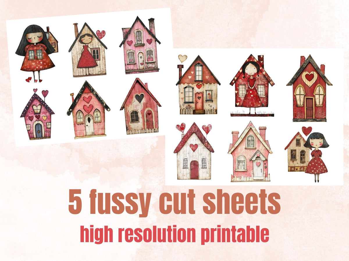 Quirky Love Houses Mixed Media Clipart, Valentines Day House Fussy Cut Collage Sheet, Whimsical Cut Out Ephemera, PNG + JPG for Scrapbooking