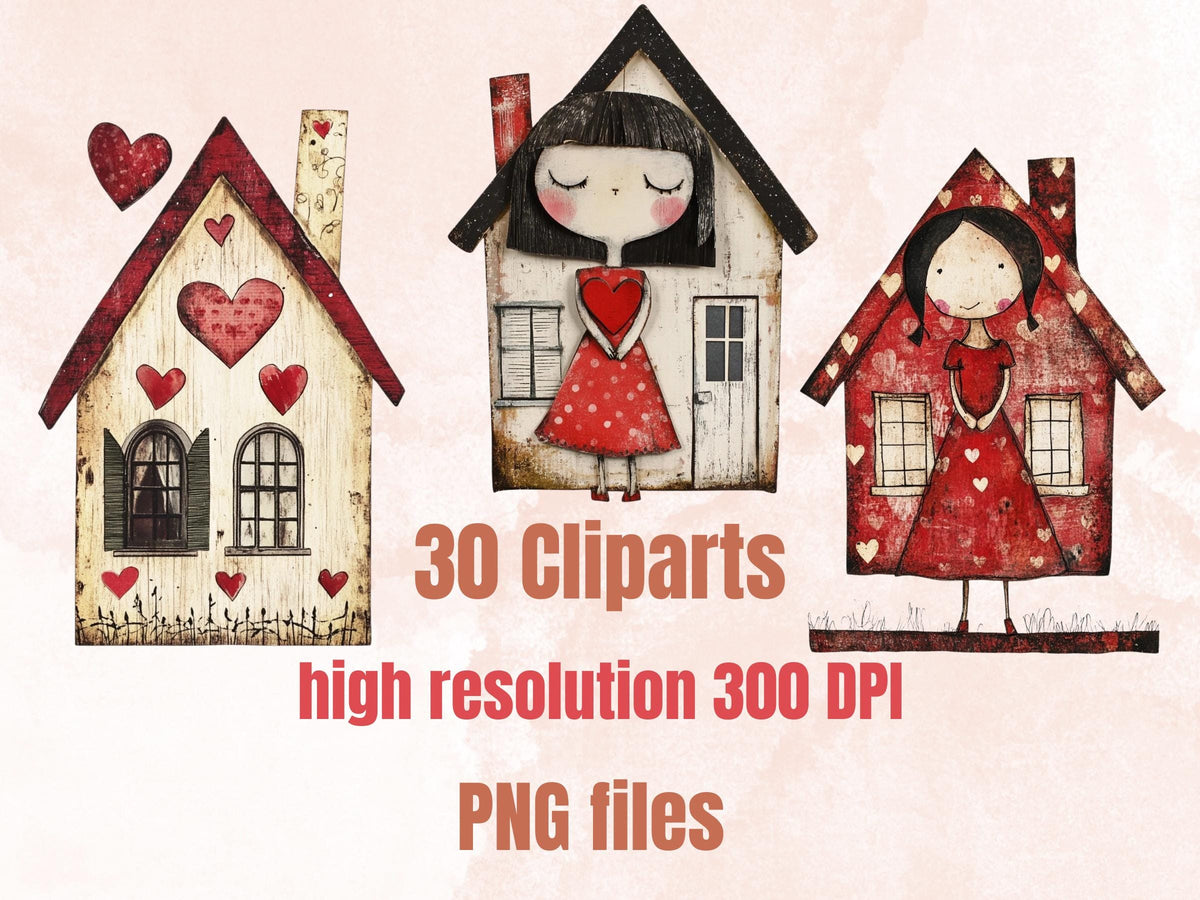 Quirky Love Houses Mixed Media Clipart, Valentines Day House Fussy Cut Collage Sheet, Whimsical Cut Out Ephemera, PNG + JPG for Scrapbooking