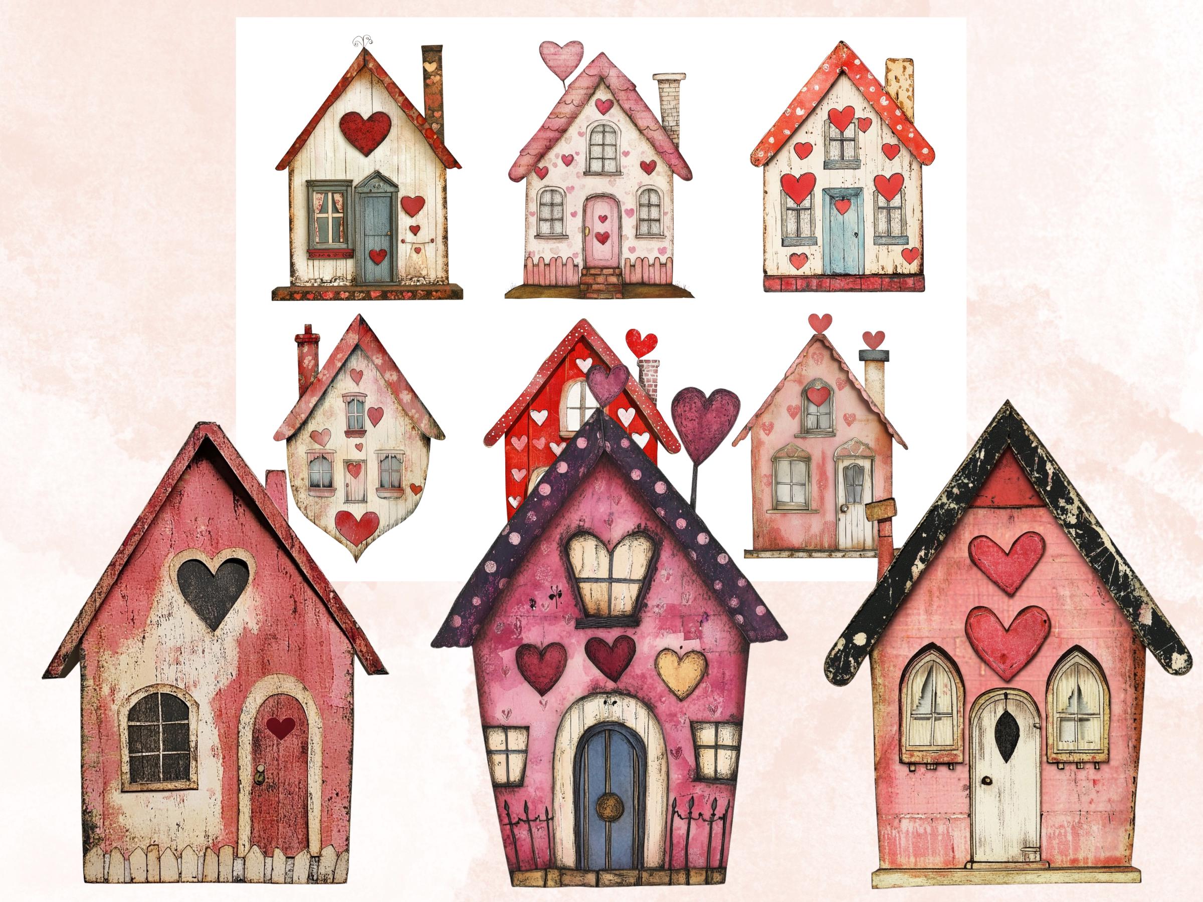Quirky Love Houses Mixed Media Clipart, Valentines Day House Fussy Cut Collage Sheet, Whimsical Cut Out Ephemera, PNG + JPG for Scrapbooking