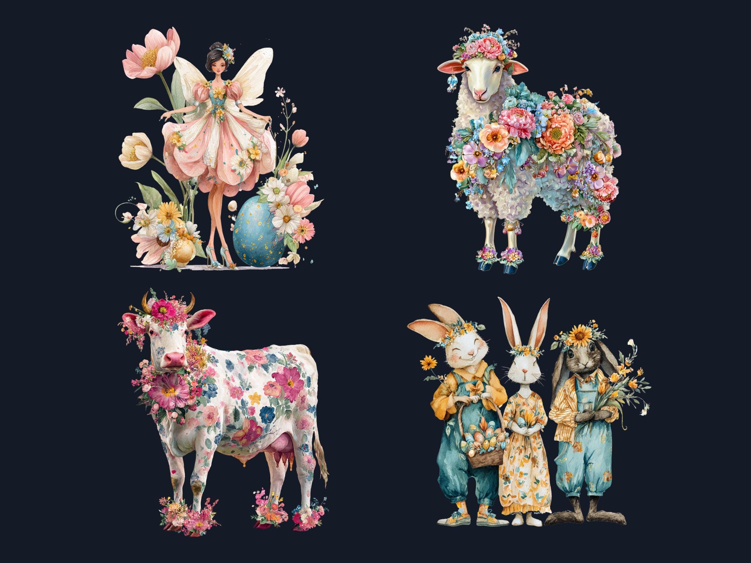 Quirky Easter Clipart: Whimsical Floral Spring PNG Bundle (Commercial Use)