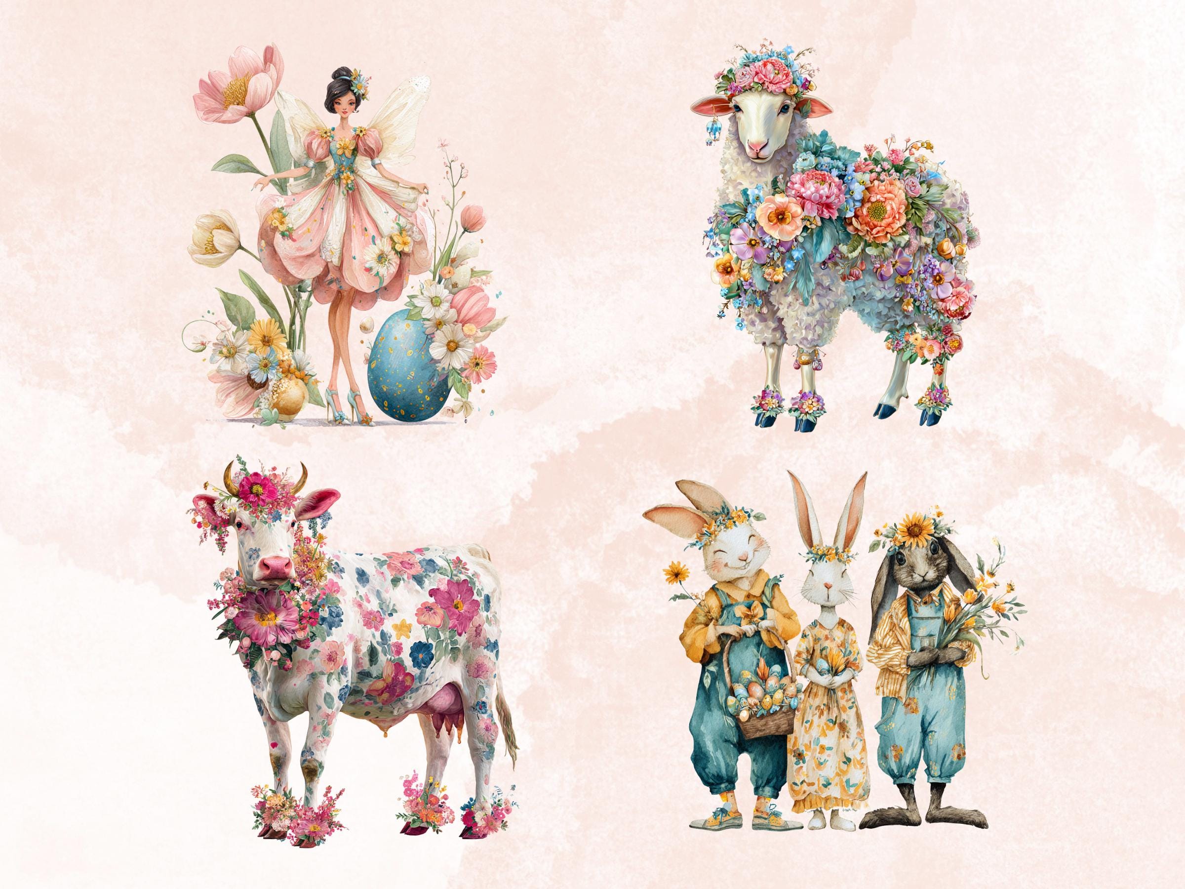 Quirky Easter Clipart: Whimsical Floral Spring PNG Bundle (Commercial Use)