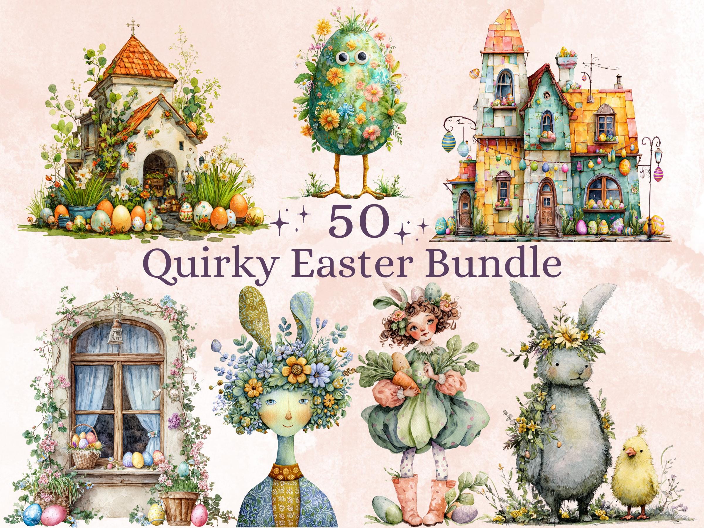 Quirky Easter Clipart: Whimsical Floral Spring PNG Bundle (Commercial Use)