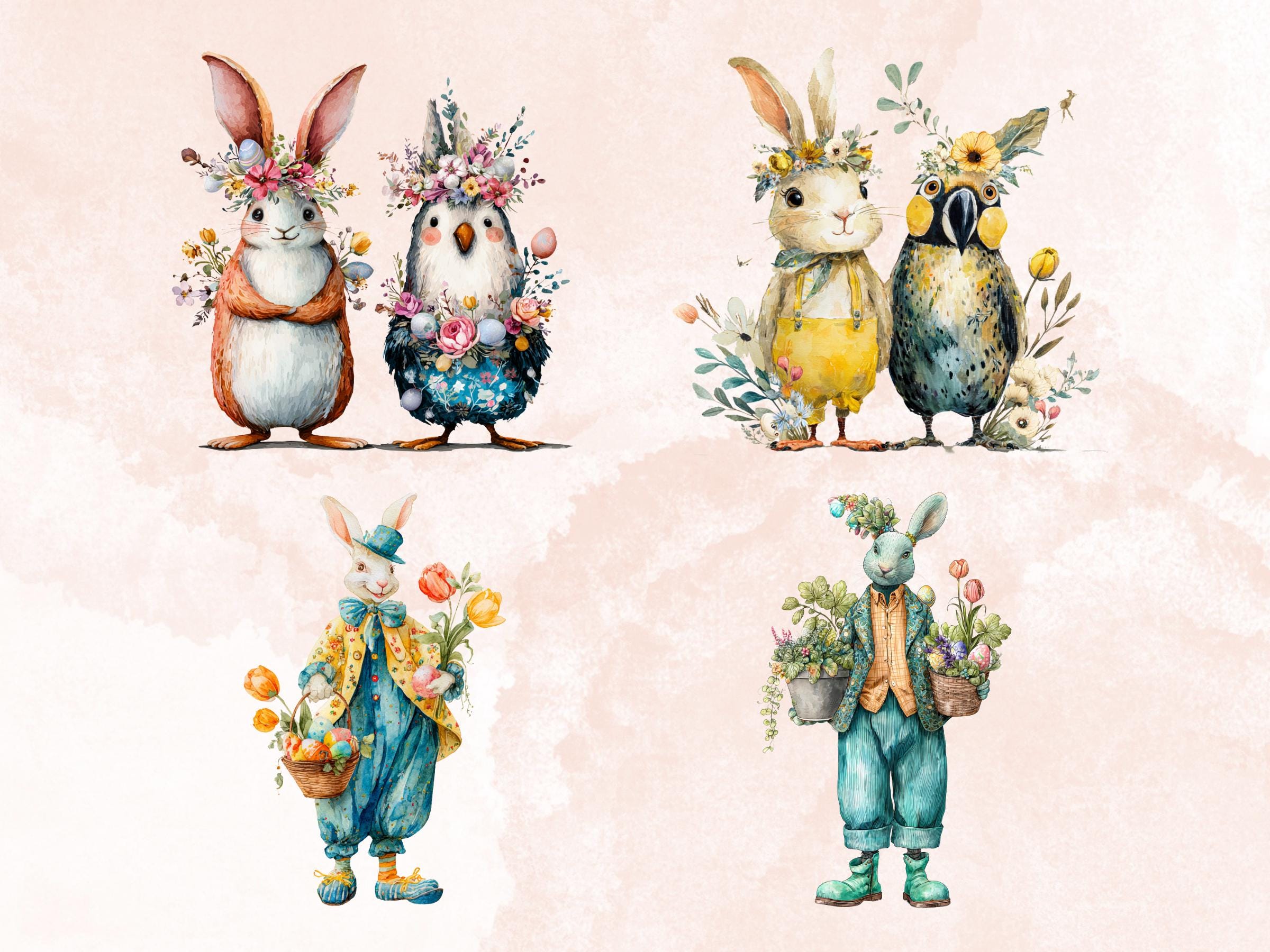 Quirky Easter Clipart: Whimsical Floral Spring PNG Bundle (Commercial Use)