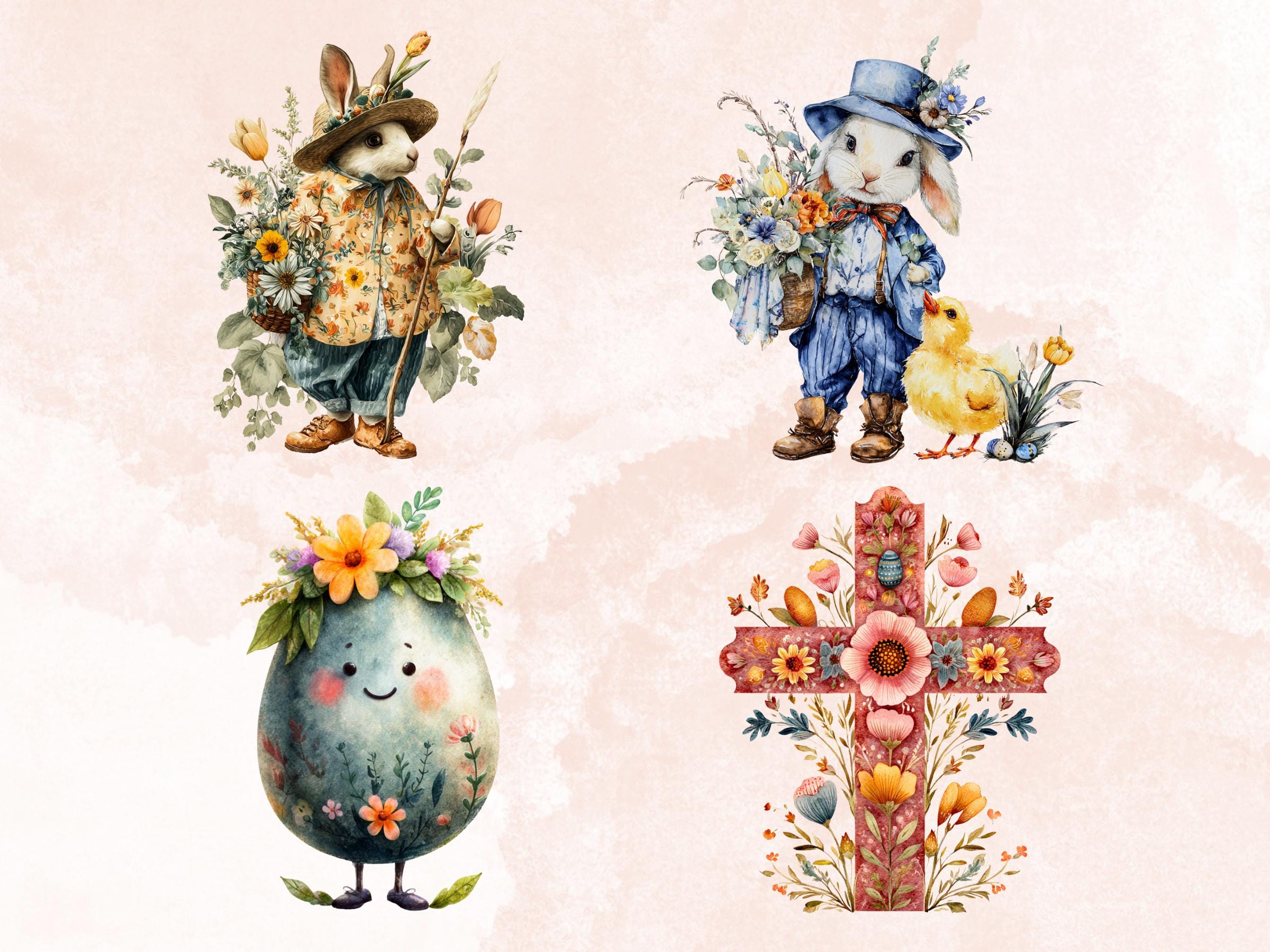 Quirky Easter Clipart: Whimsical Floral Spring PNG Bundle (Commercial Use)