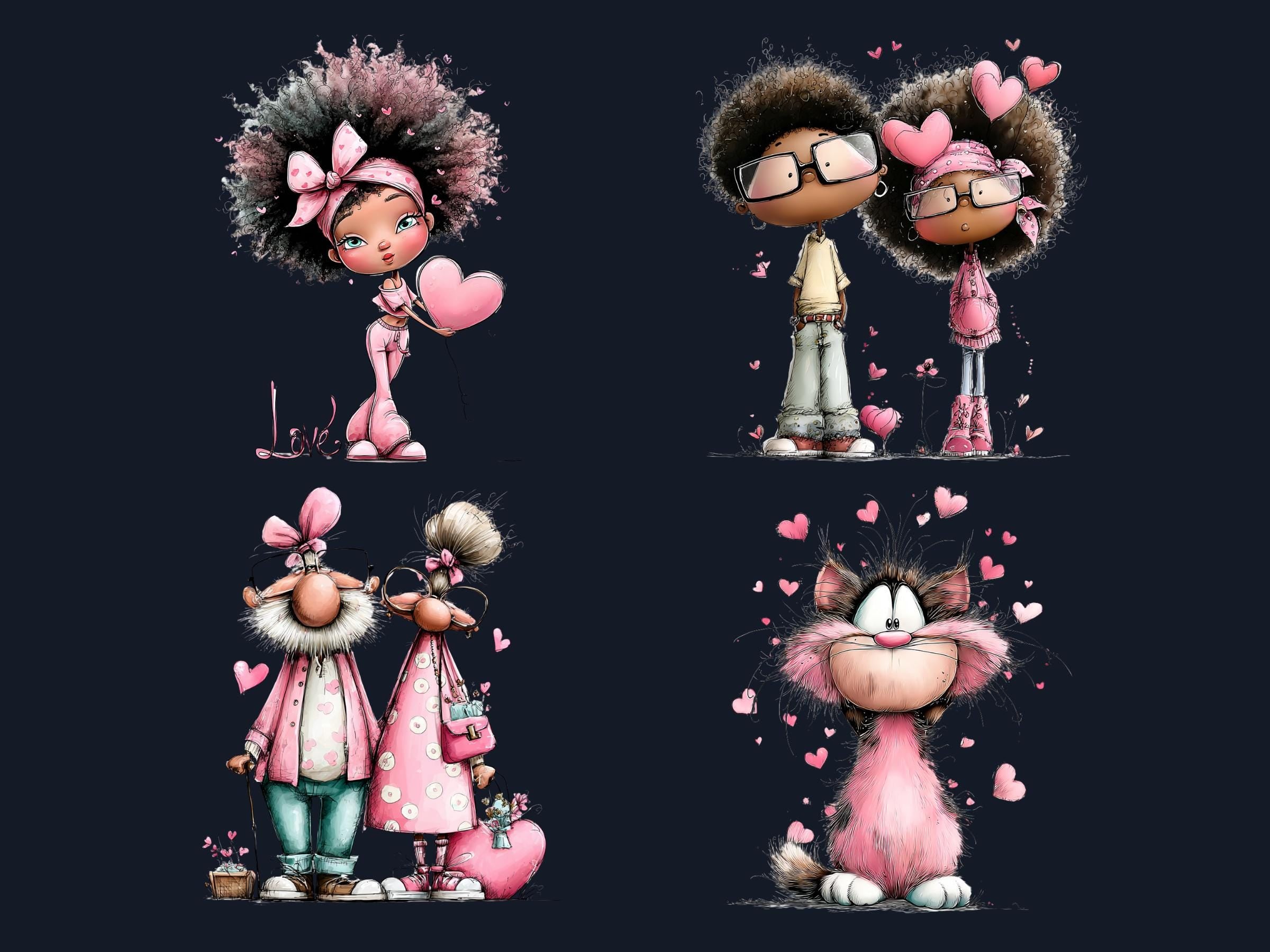 Quirky Valentines Day Clipart: Whimsical Pink Love Wonderland PNG Bundle (Digital Download)
