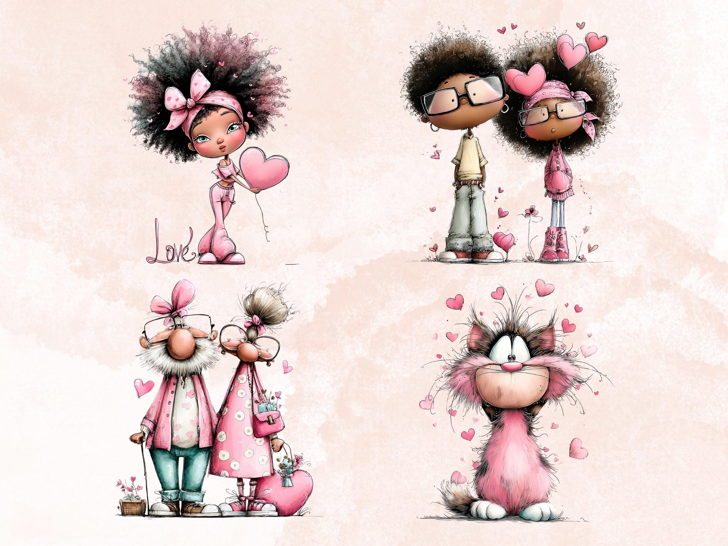 Quirky Valentines Day Clipart: Whimsical Pink Love Wonderland PNG Bundle (Digital Download)