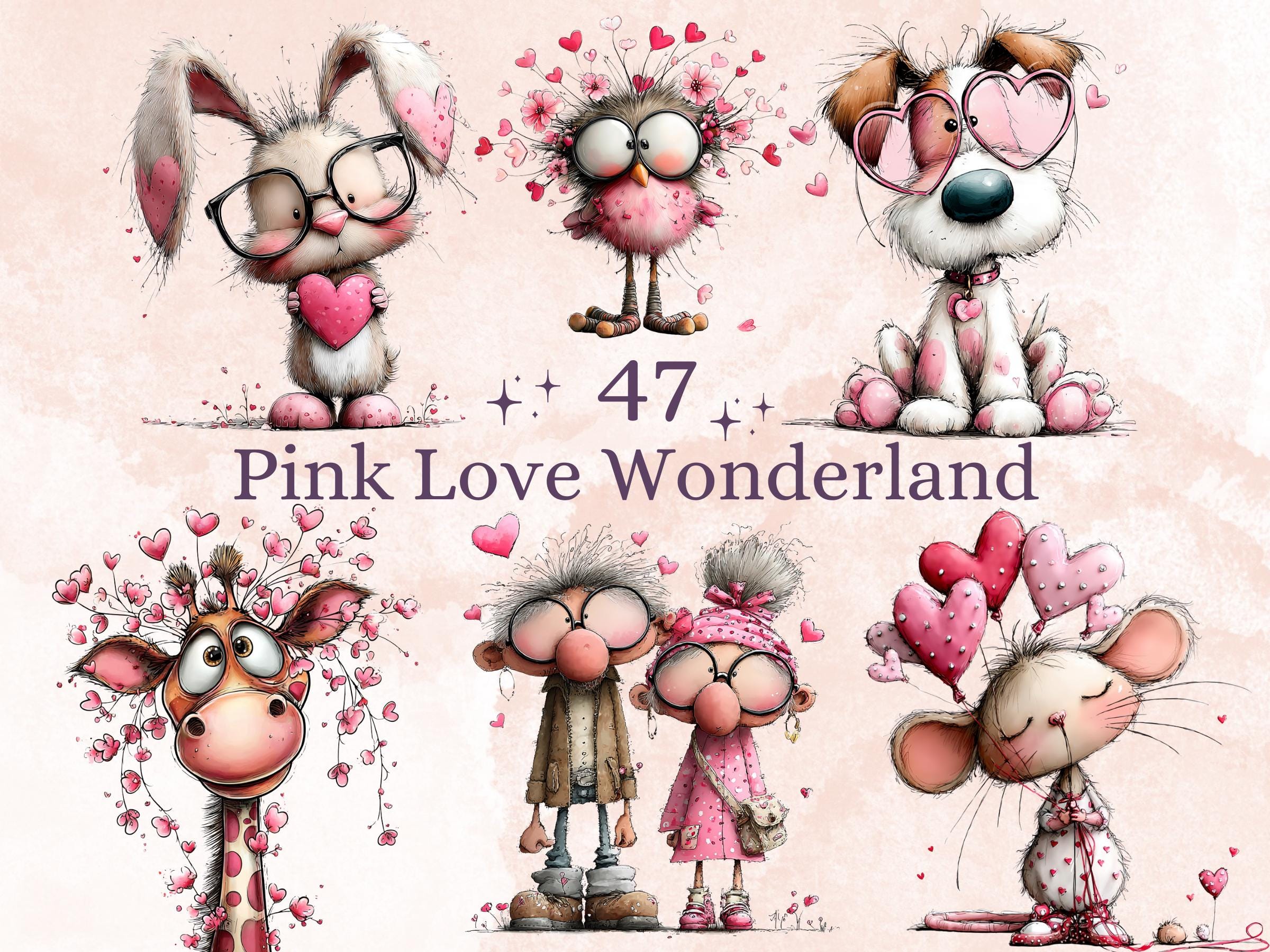 Quirky Valentines Day Clipart: Whimsical Pink Love Wonderland PNG Bundle (Digital Download)