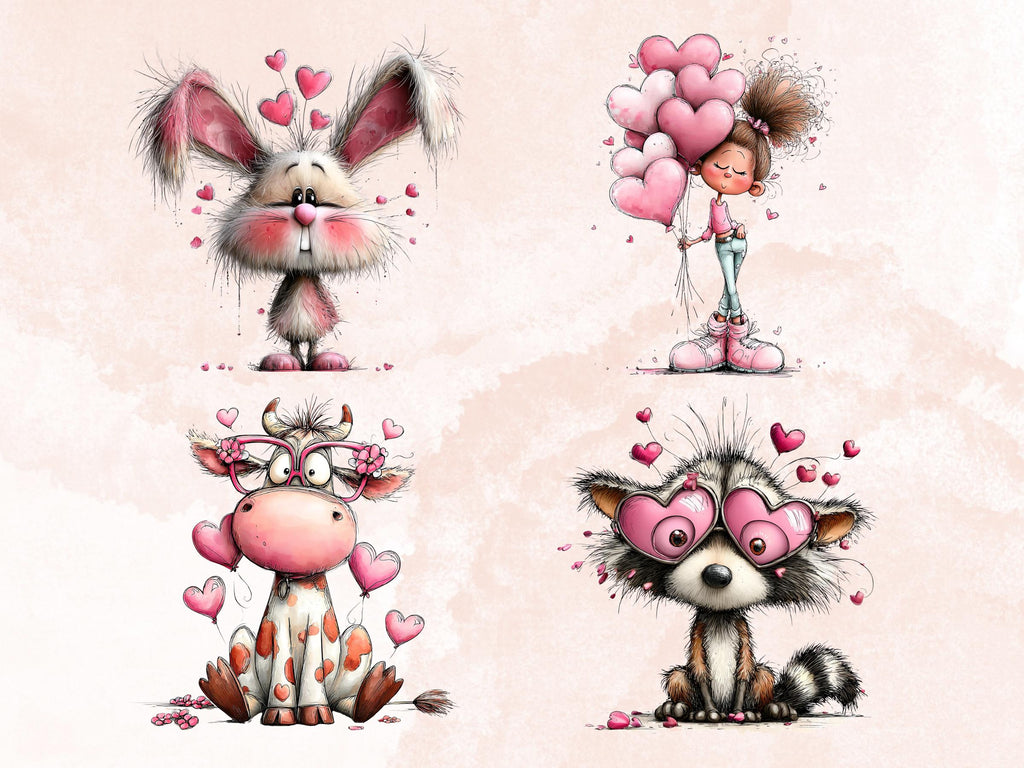 Quirky Valentines Day Clipart: Whimsical Pink Love Wonderland PNG Bundle (Digital Download)