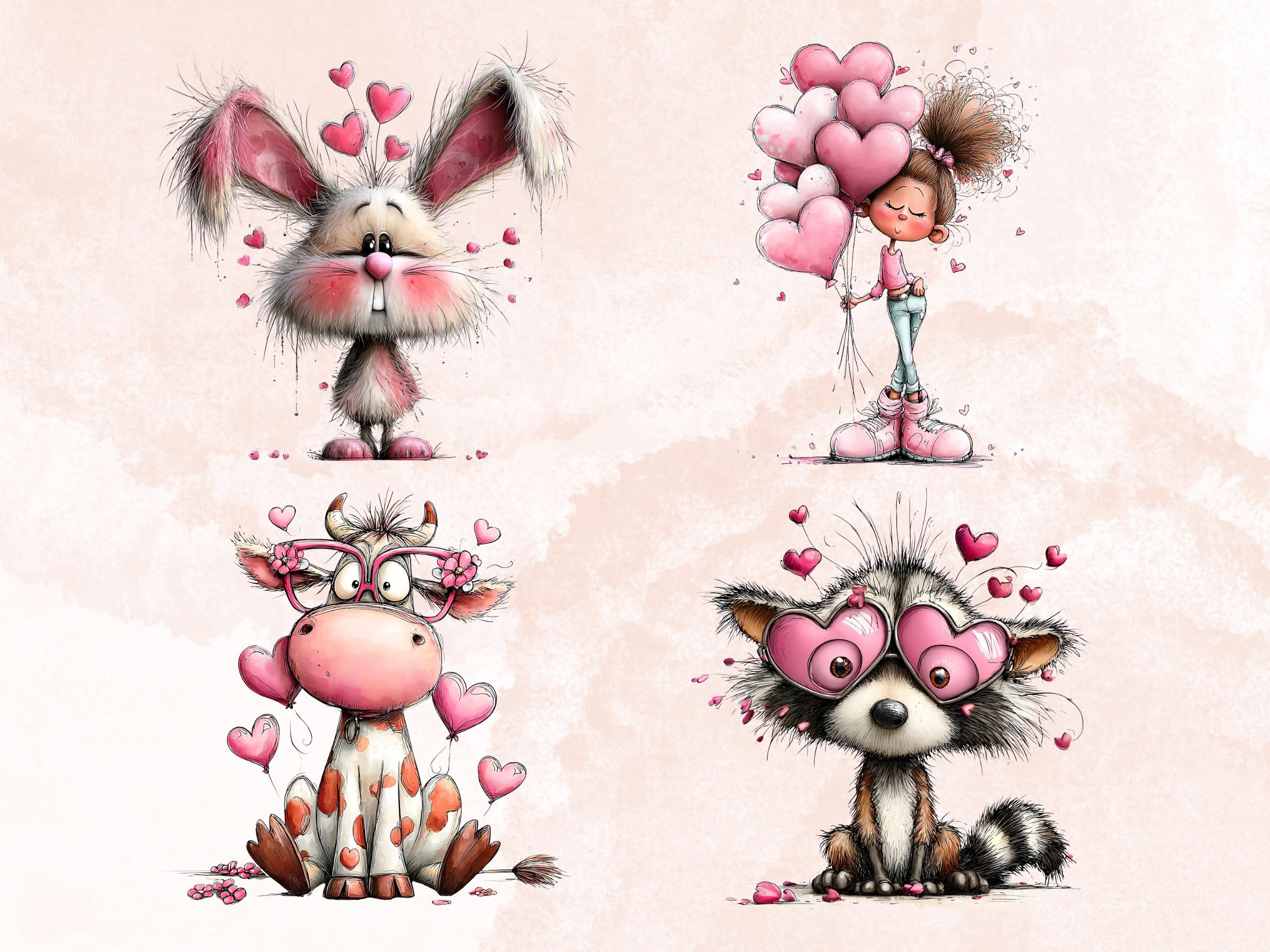 Quirky Valentines Day Clipart: Whimsical Pink Love Wonderland PNG Bundle (Digital Download)