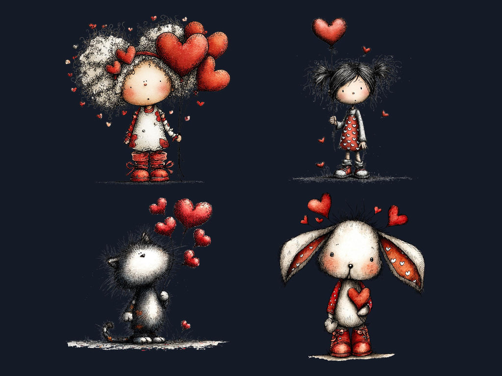 Quirky Valentines Day Clipart: Whimsical Red Love PNG Bundle (Commercial Use)