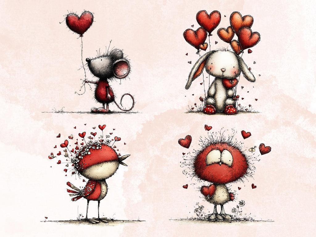 Quirky Valentines Day Clipart: Whimsical Red Love PNG Bundle (Commercial Use)