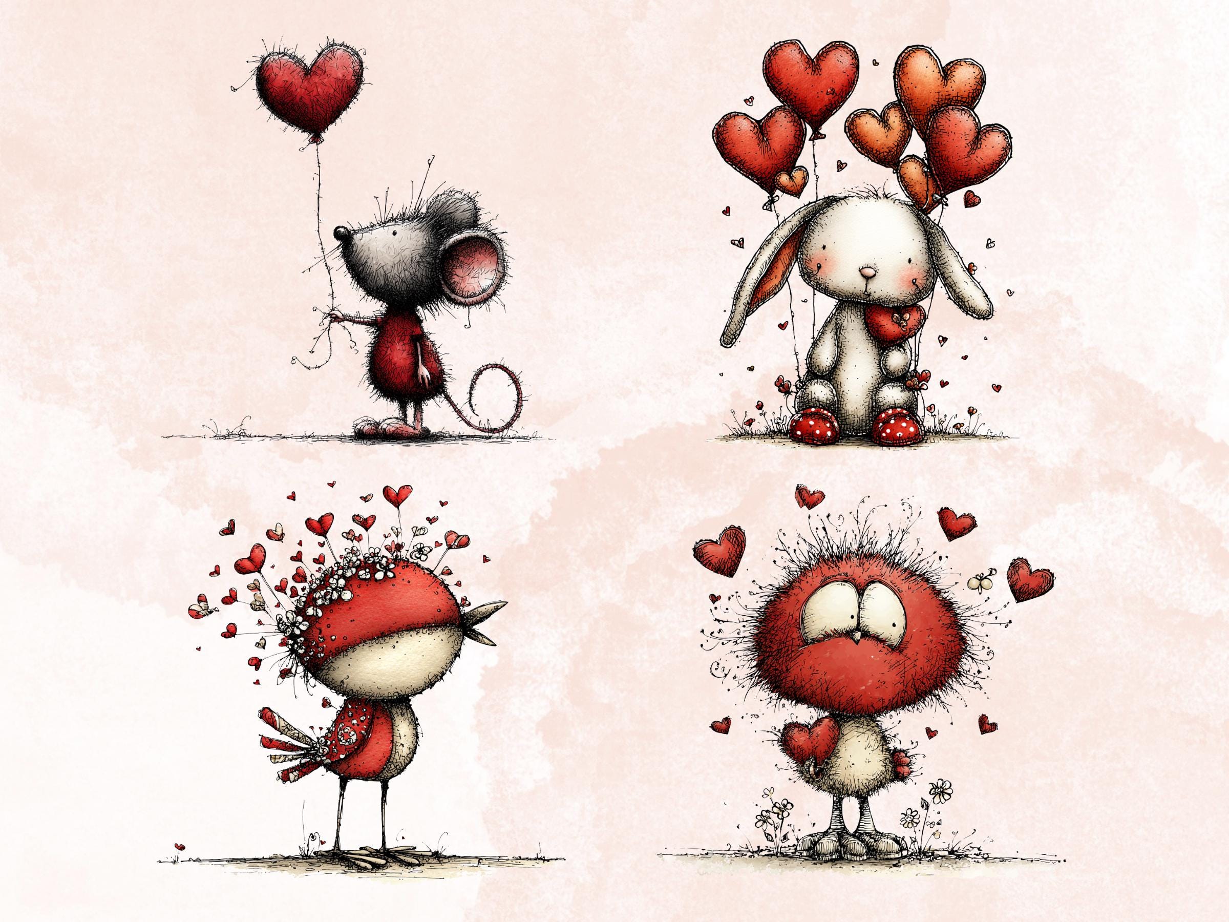 Quirky Valentines Day Clipart: Whimsical Red Love PNG Bundle (Commercial Use)